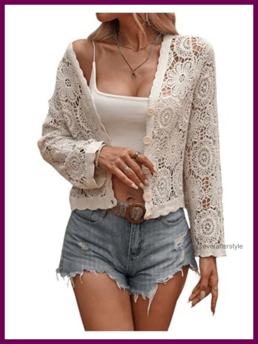 Women's Crochet Cardigan Sweater Long Sleeve Knit Lace Trim V-Neck